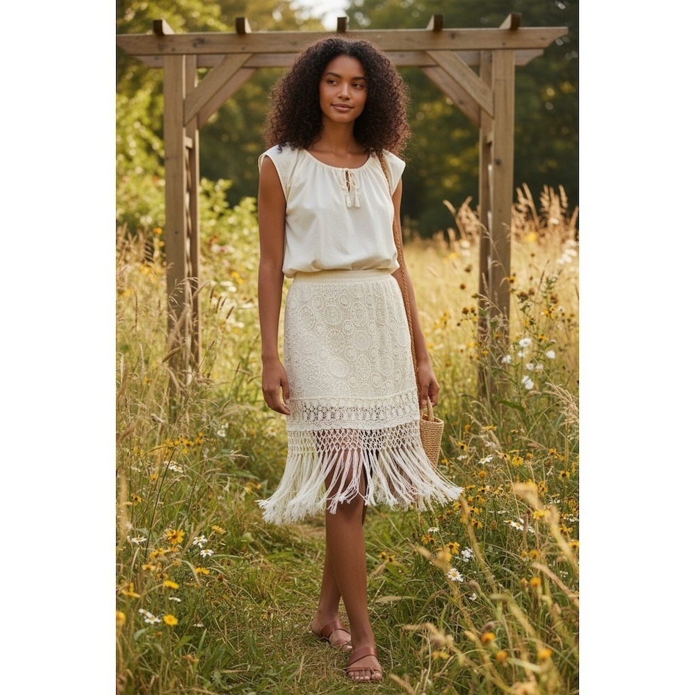 Johnny Was 4 love and liberty Small Ivory Crochet Lace Fringe Hem Midi boho silk